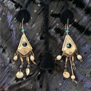 Gold and Blue Dangle Earrings with Shells & Charms